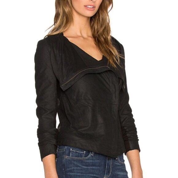 Like New Buttery Black Draped Neck Leather Bovaye Jacket - Picture 6 of 13